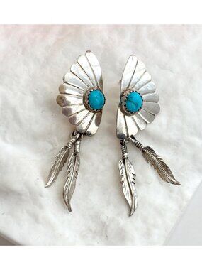 Navajo Inspired Turquoise Accented Feather 925 Sterling Silver Vintage Earrings